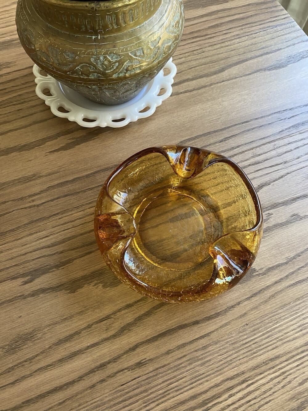 Vintage Midcentury Viking Glass Amber Crackle Glass Dish Bowl Ashtray MCM